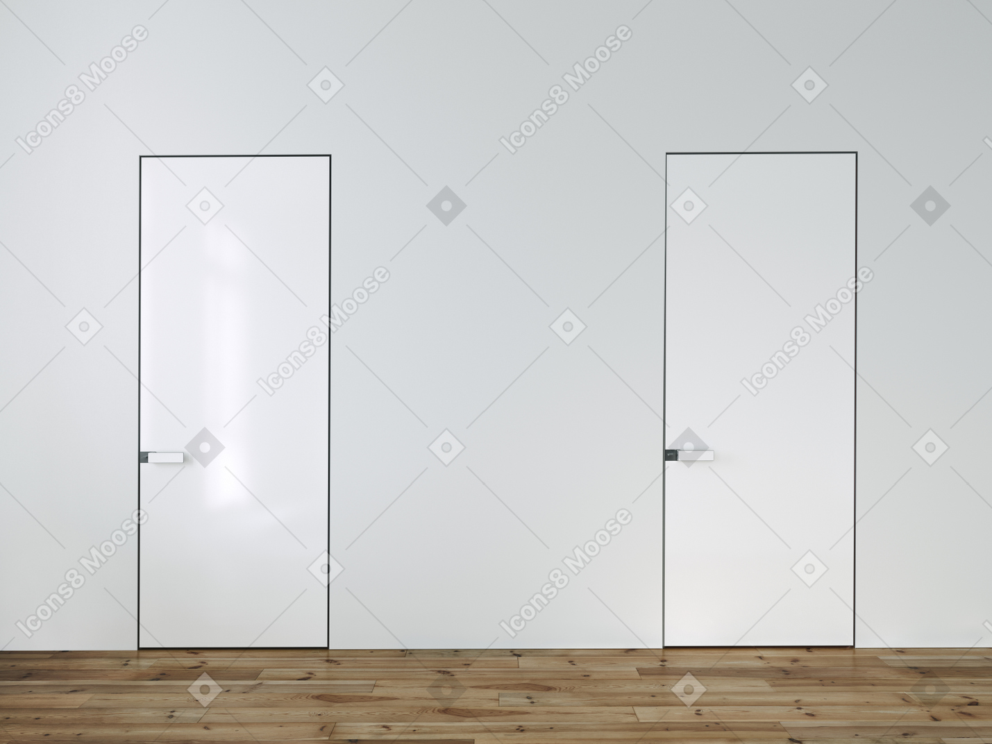 Two doors on a white wall