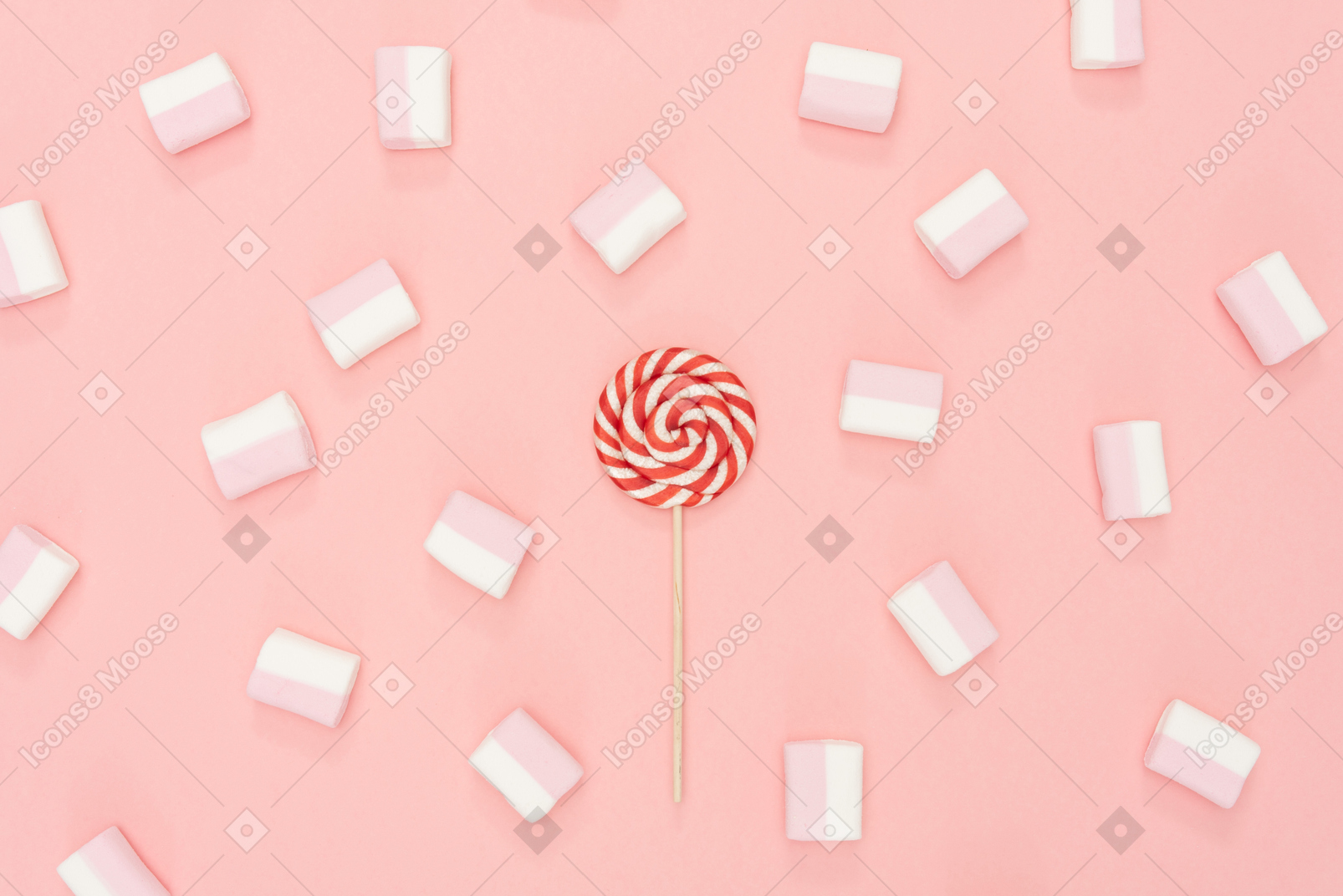 Nice lollipop and scattered marshmallows on pink background