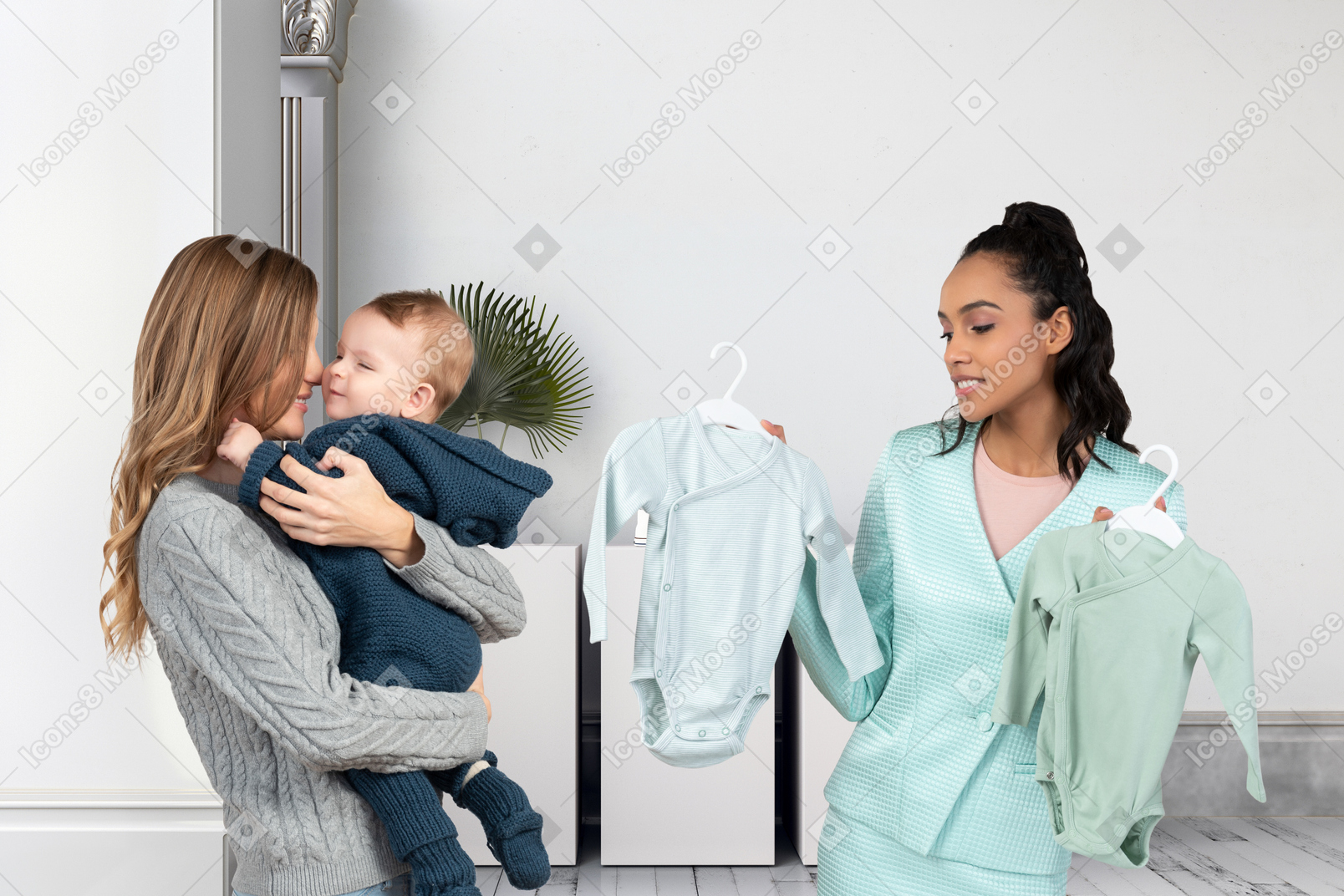 Frau mit baby, die kleidung kauft