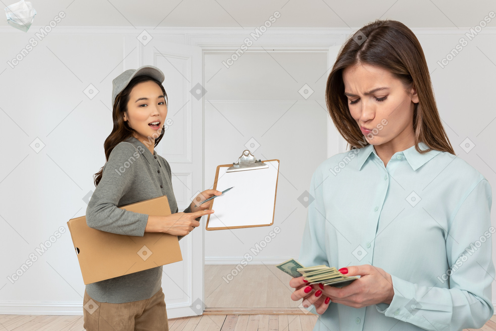 A woman with package and a clipboard standing next to a woman counting money