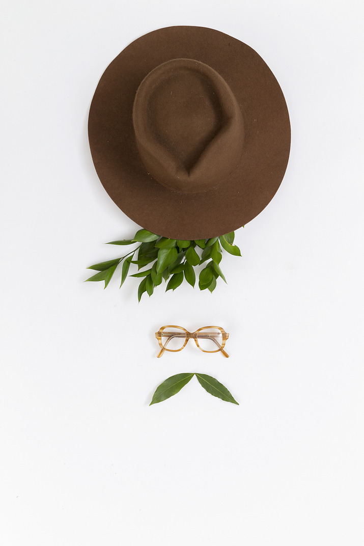 Felt hat, eyeglasses and green twig