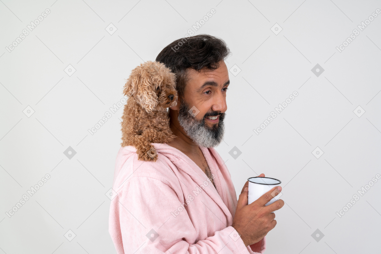 Man having a coffee while his cute pet sitting on his shoulder