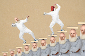 Two fencers standing on stairs based on multiple portraits of the same man