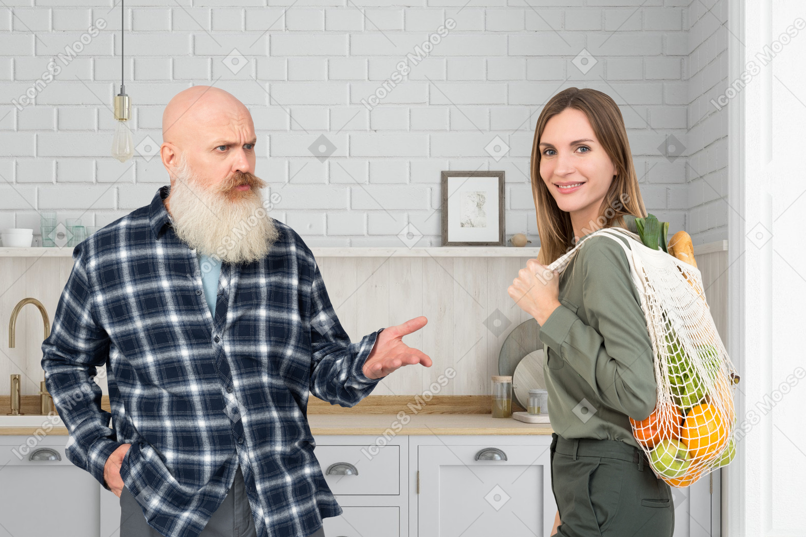 A man with a long white beard and a woman with a bag