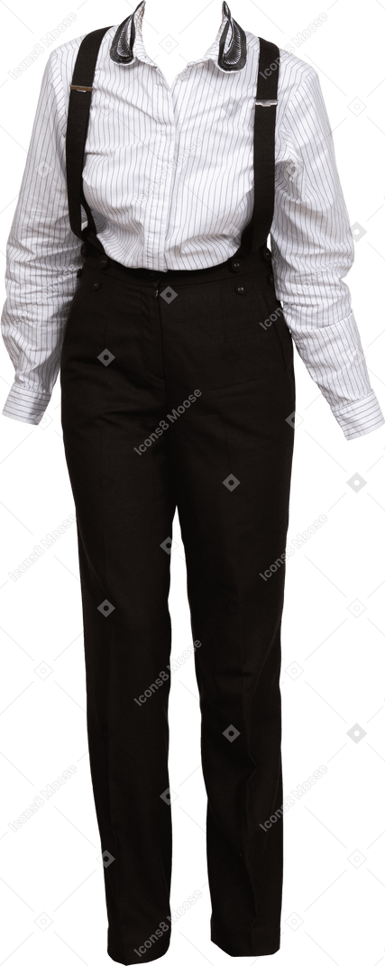 Black suspenders pants and white striped shirt
