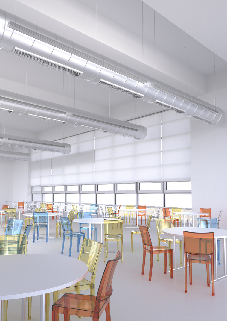 School cafeteria with white tables and colorful chairs