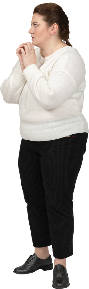 Firghtened plus size woman in casual clothes