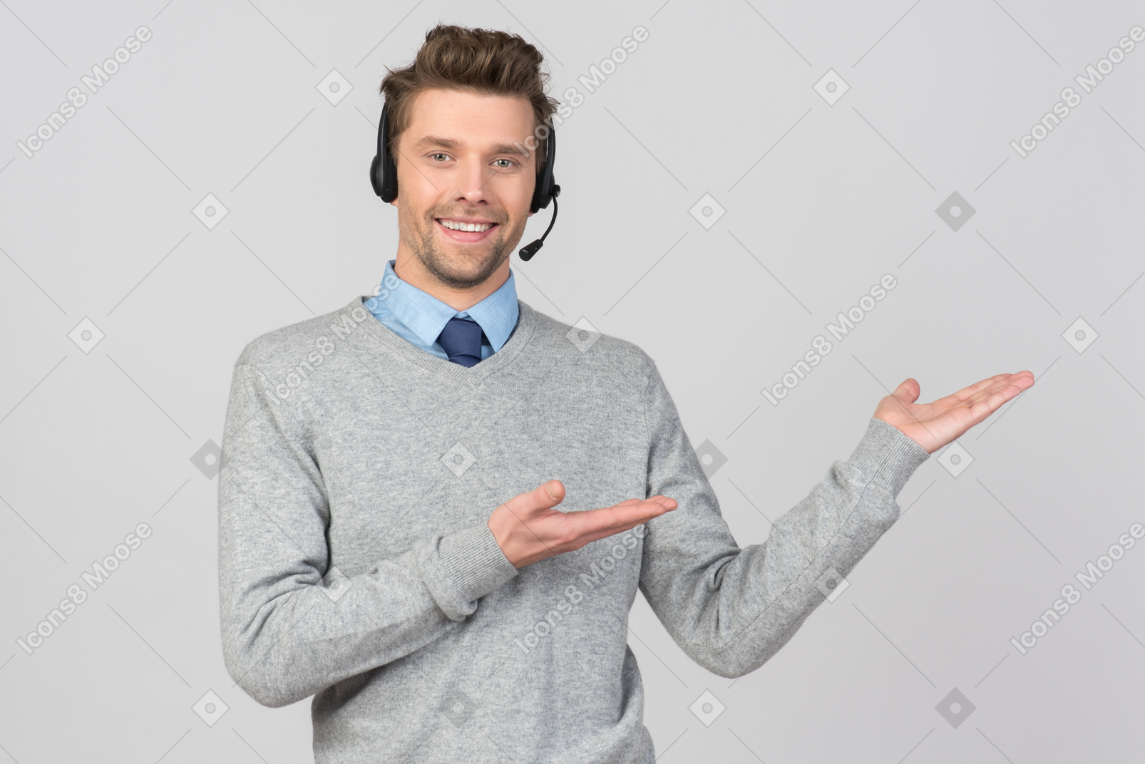 Call center agent showing a way to go with hands
