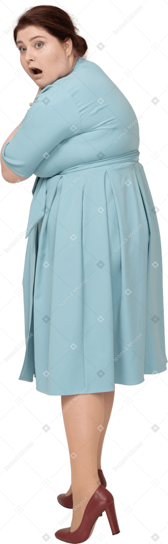 자신을 질식시키는 파란 드레스를 입은 여자의 옆모습