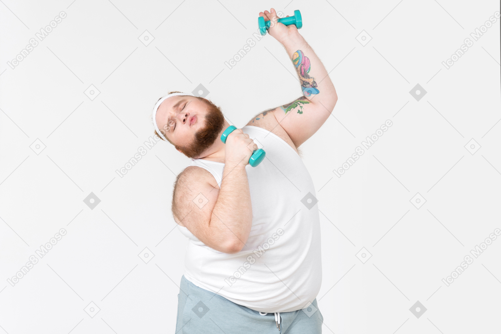 Big guy in sportswear singing using hand weights