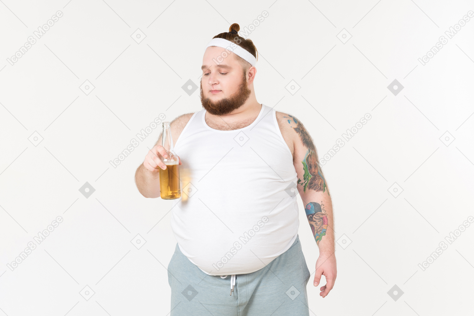 A fat man in sportswear holding a bottle of beer