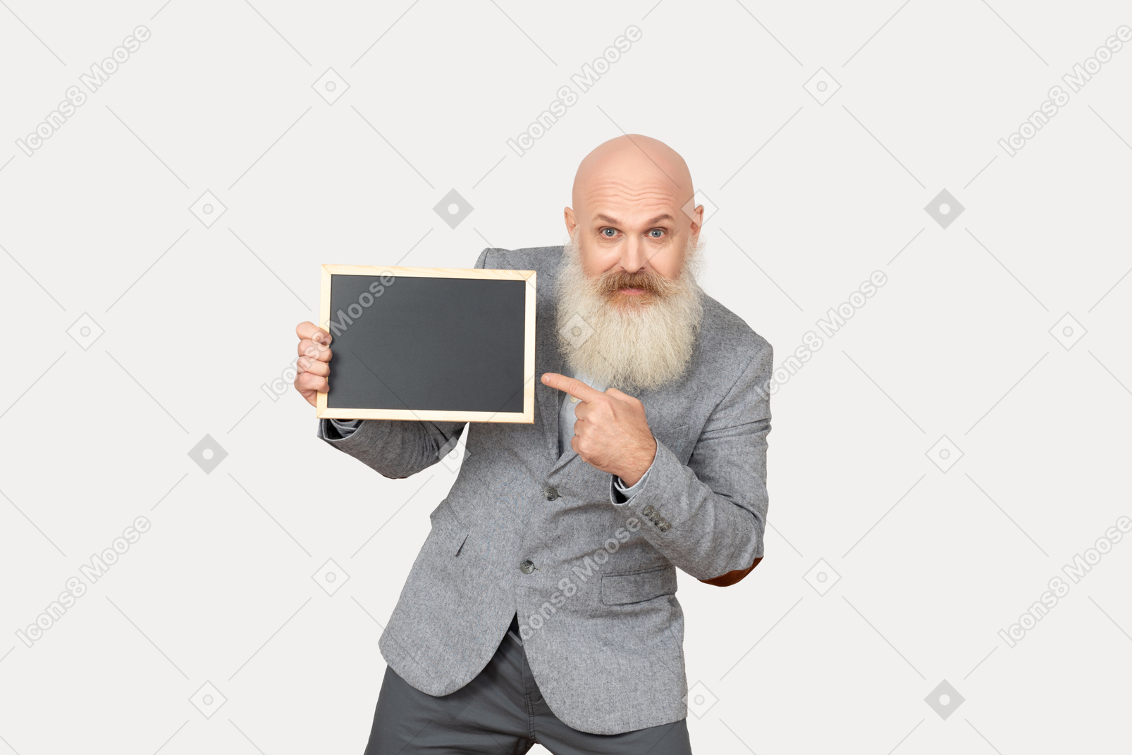 Old professor holding small blackboard