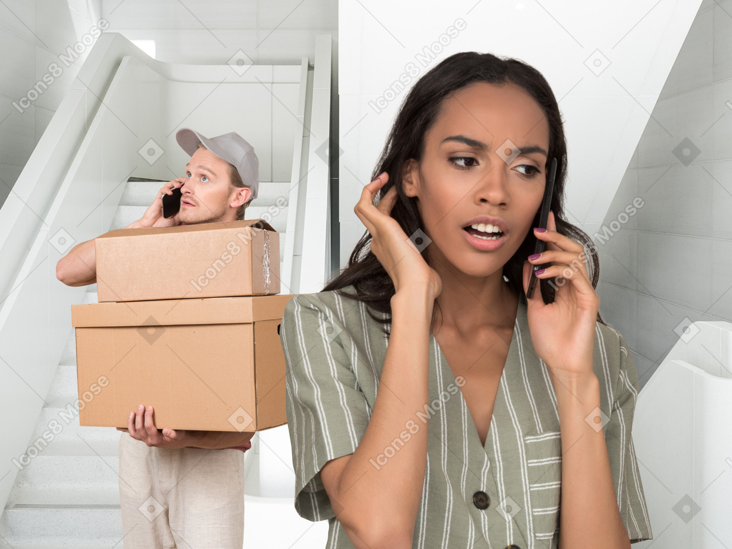 A woman talking to a delivery man on the phone