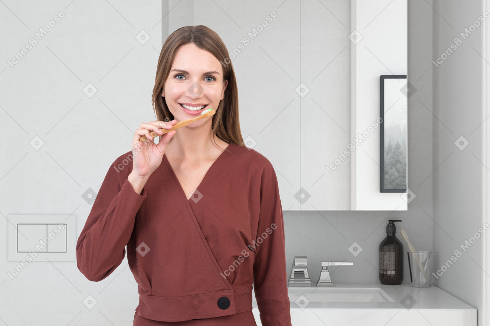 A woman brushing her teeth in a bathroom