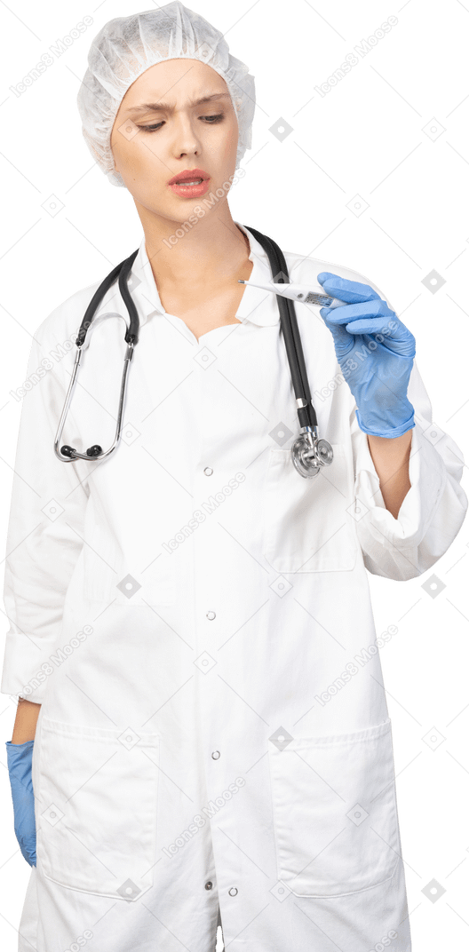 Vue de face d'une jeune femme médecin perplexe avec stéthoscope tenant un thermomètre