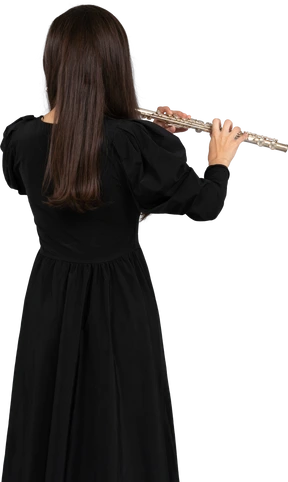 Black view of a young lady in black dress playing the flute