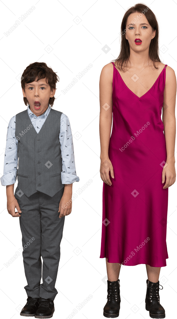 Sleepy woman in red dress and boy in grey suit vest