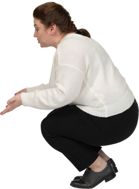 一个穿着休闲服的胖女人蹲着的侧视图