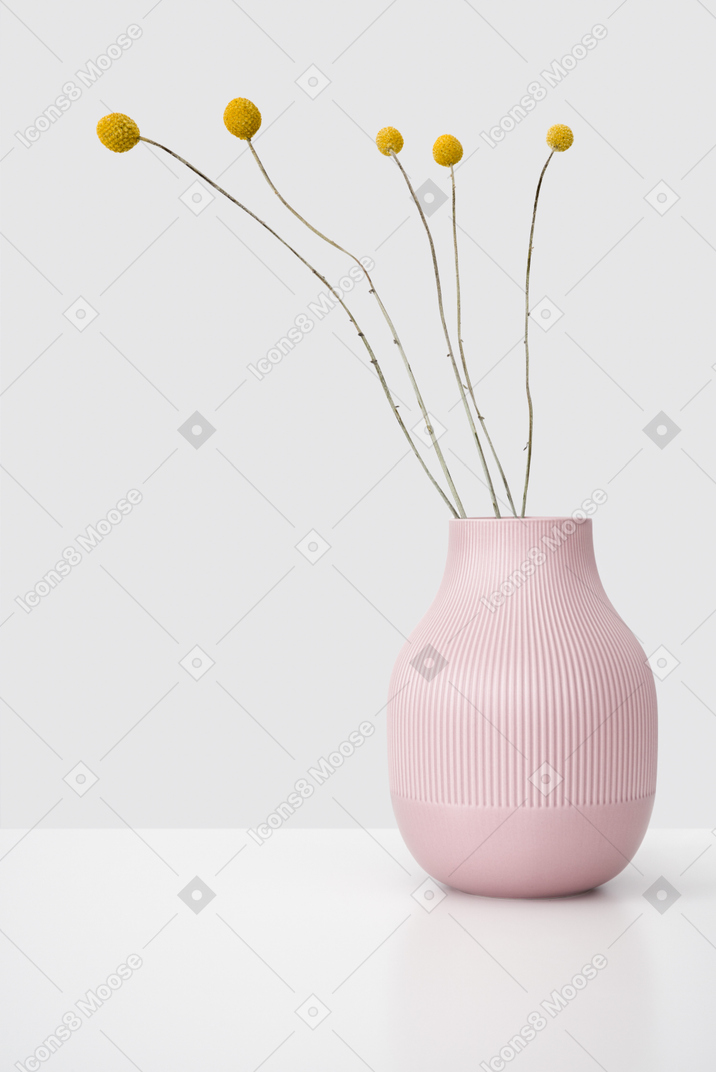 Flores secas en un jarrón de cerámica rosa.