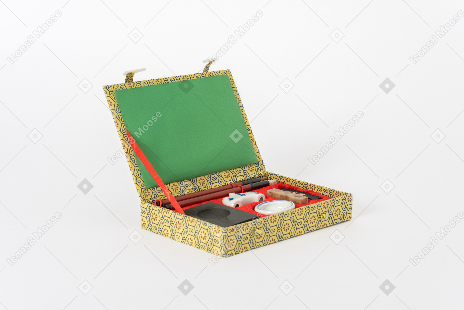 Colourful box with items in it on white background