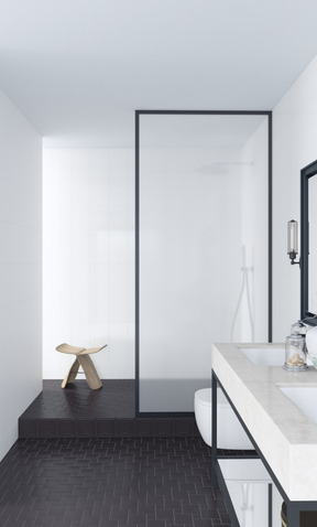 Bathroom with a shower and two wash basins