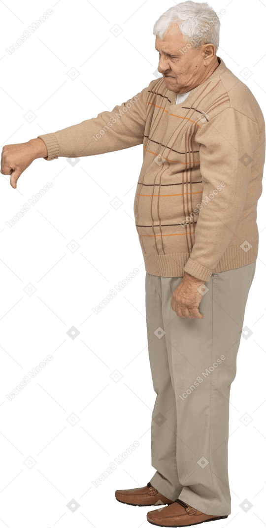 Side view of an old man in casual clothes showing thumb down