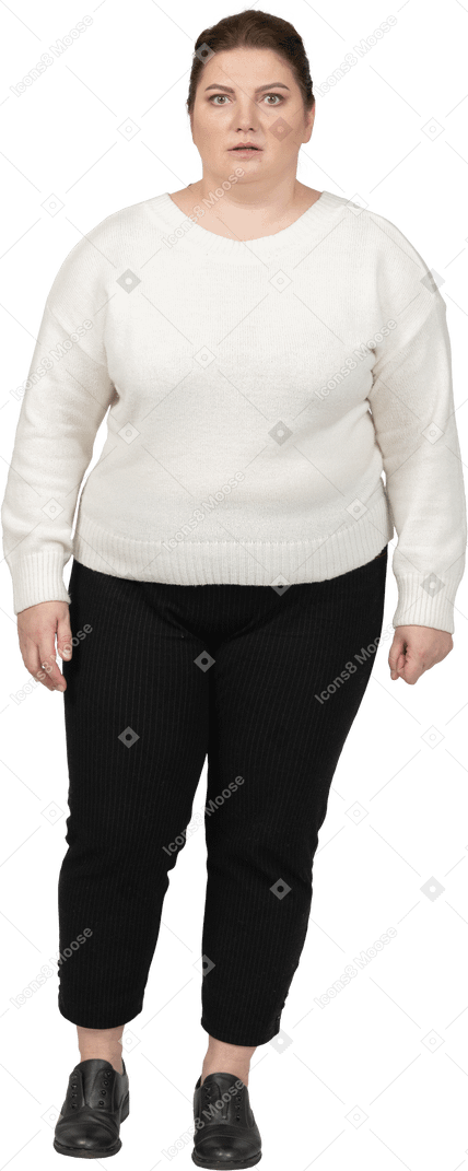 Extremely surprised plump woman looking at camera