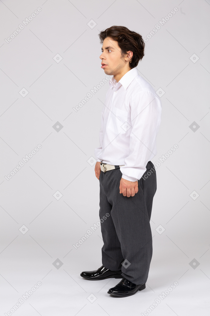 Side view of a shocked office worker looking away