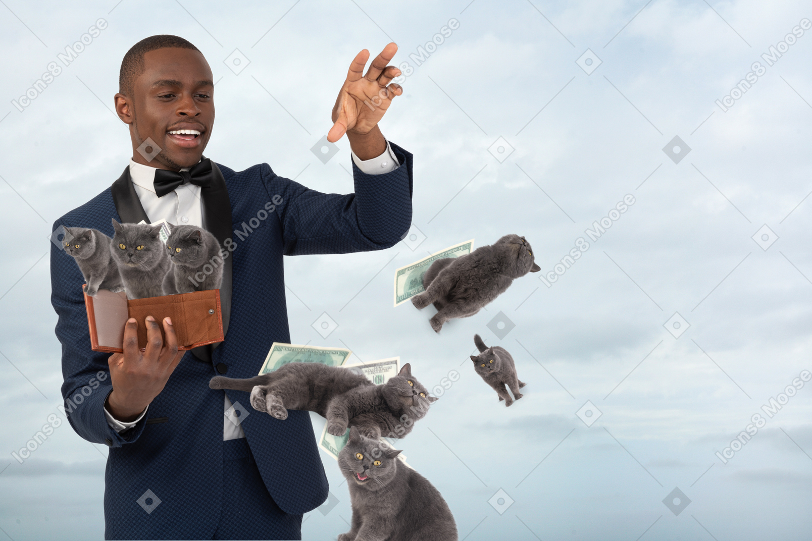 A man in a tuxedo juggling cats and money