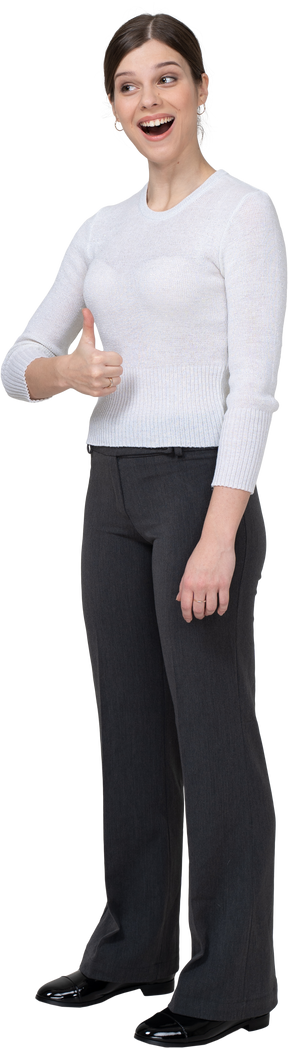 Three-quarter view of a cheerful young woman in office clothing showing thumb up