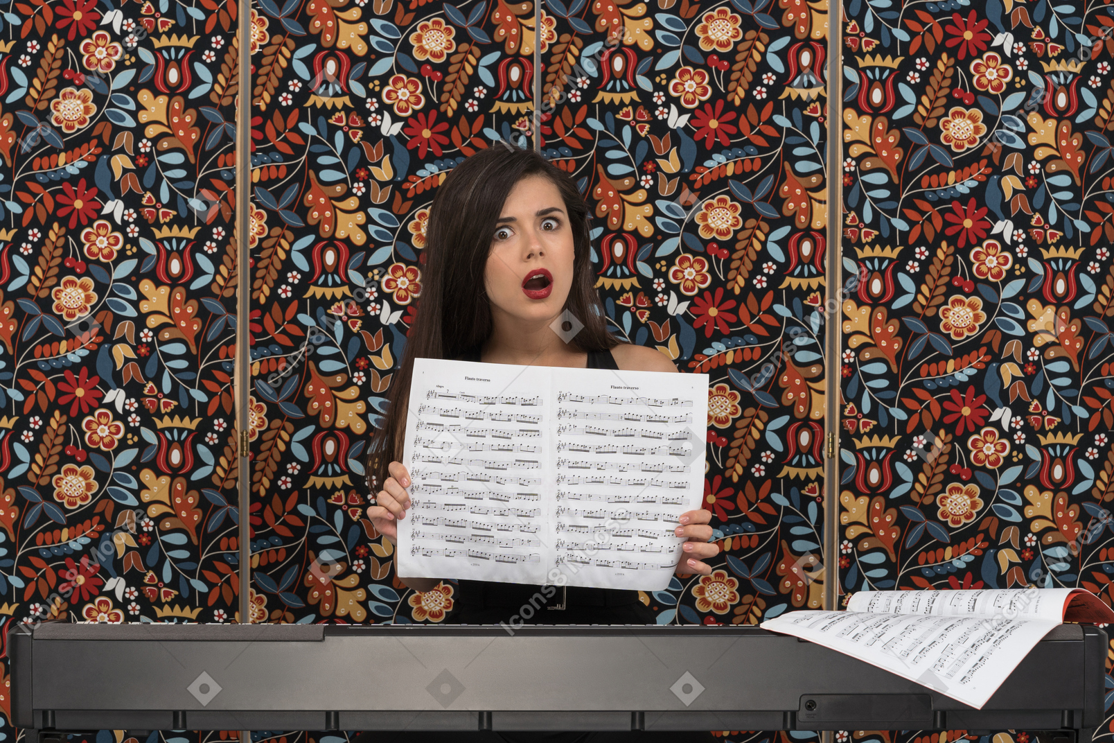 Overwhelmed female musician showing a musical notation