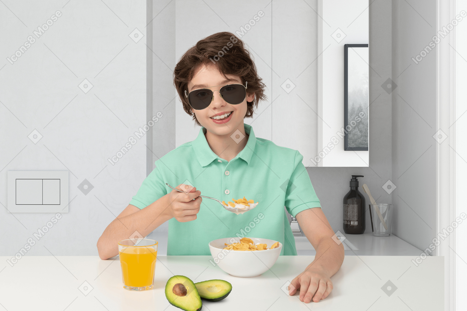 Boy in sunglasses eating breakfast