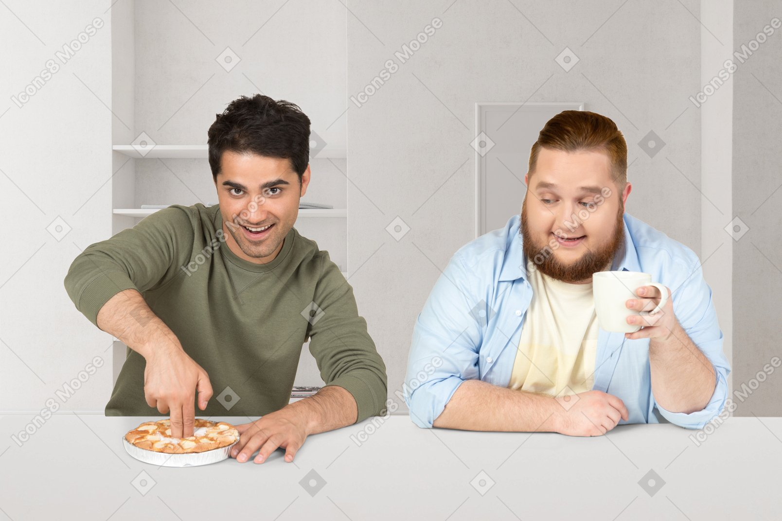 Collage of two friends sitting at the table and one of them sticking fingers into the pie
