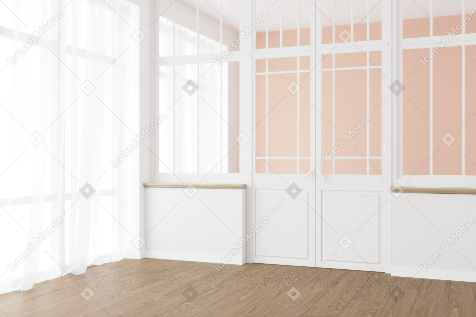 Светлая уютная комната, разделенная стеклянной дверью
