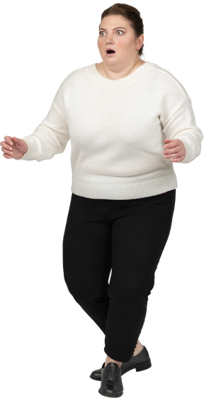 Extremely surprised woman in casual clothes standing