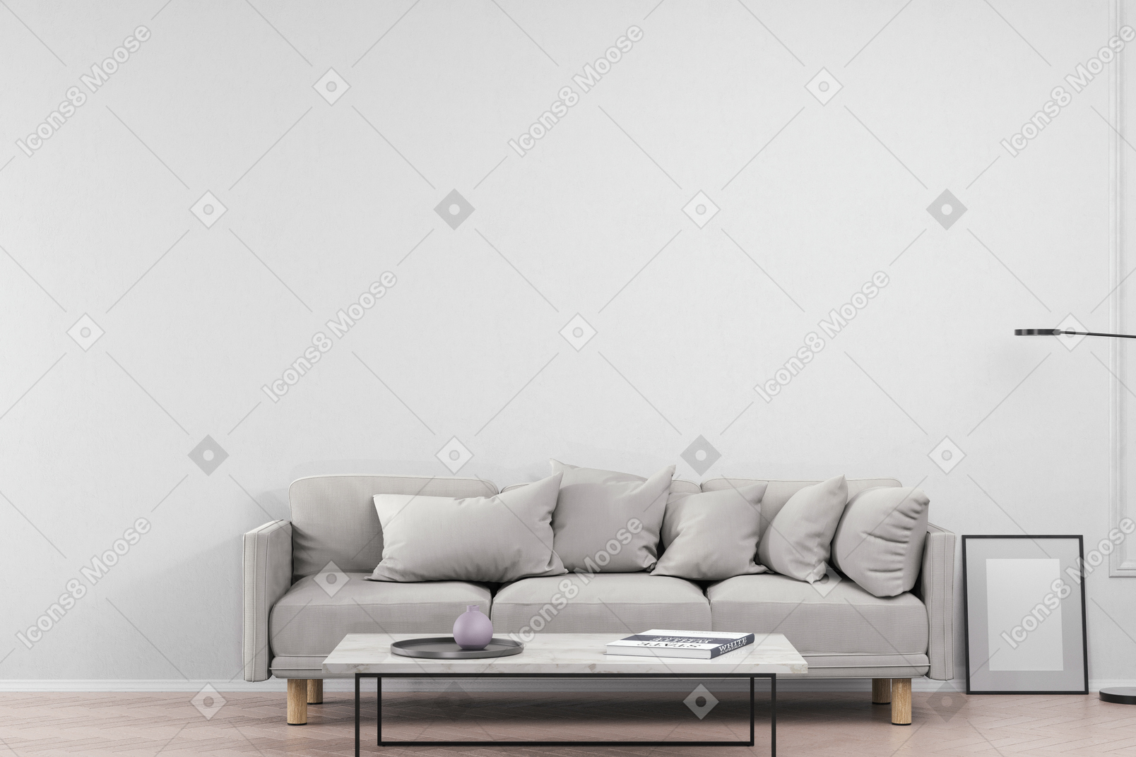 Wohnzimmer mit grauem sofa und couchtisch mit dekorationsgegenständen
