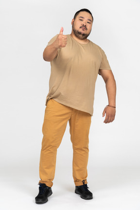 Serious plus size man showing thumb up