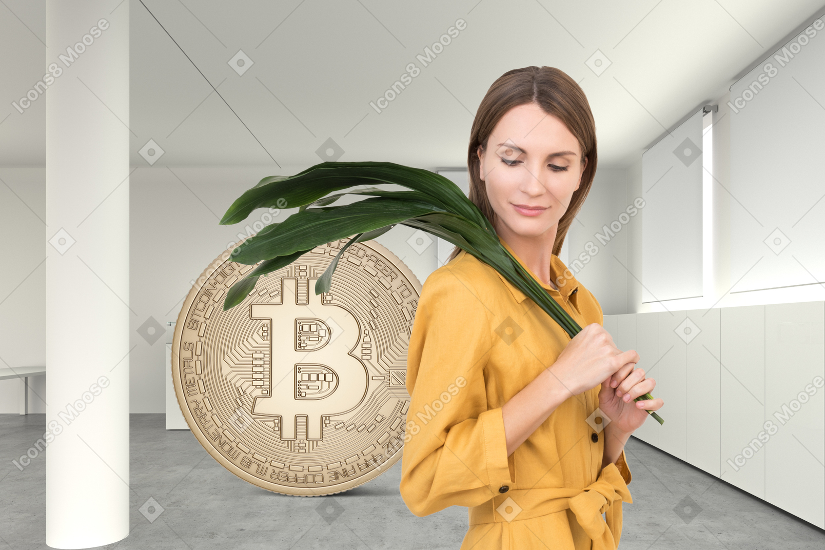 Woman and big bitcoin
