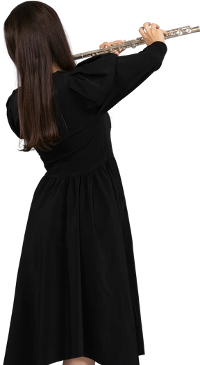 Black view of a young lady in black dress playing the flute