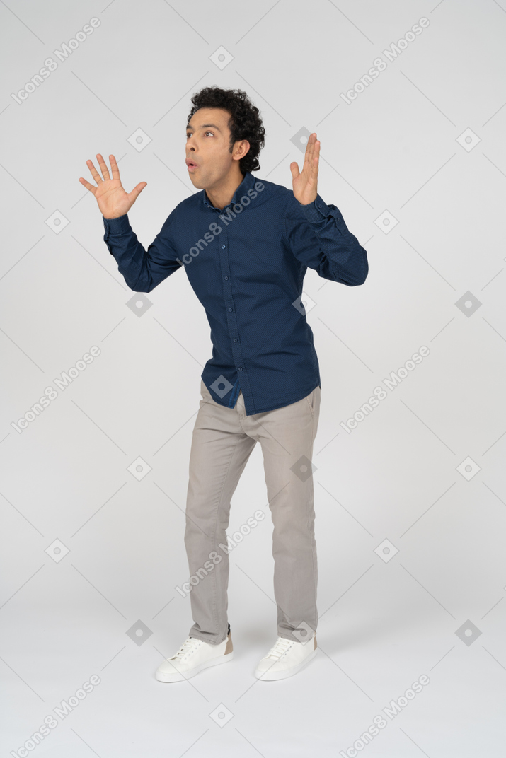 Front view of an impressed man in casual clothes gesturing