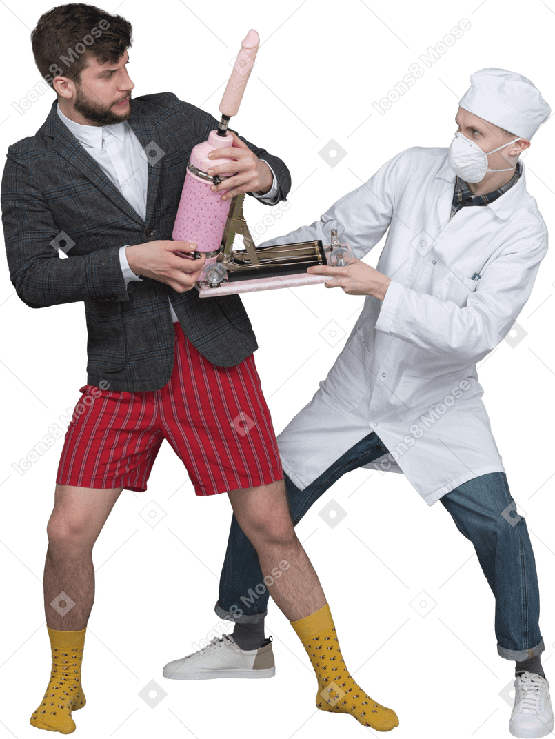Young man and scientist fighting
