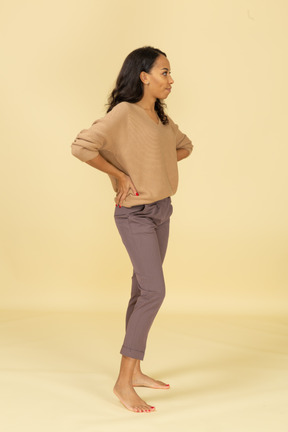 Three-quarter view of a dark-skinned female in casual clothes putting hands on hips