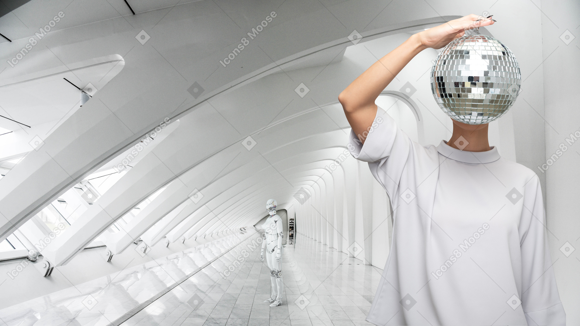 Woman holding discoball in front of her face and android robot standing in the background