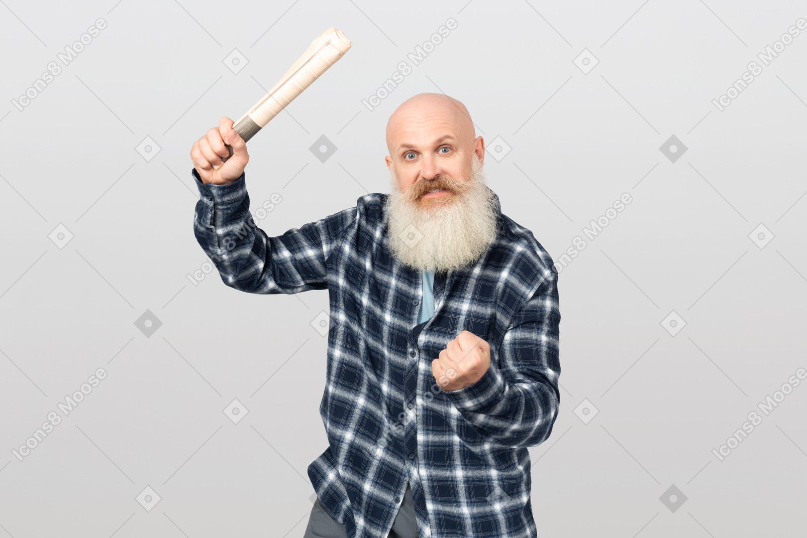 Bearded man holding a rolled newspaper