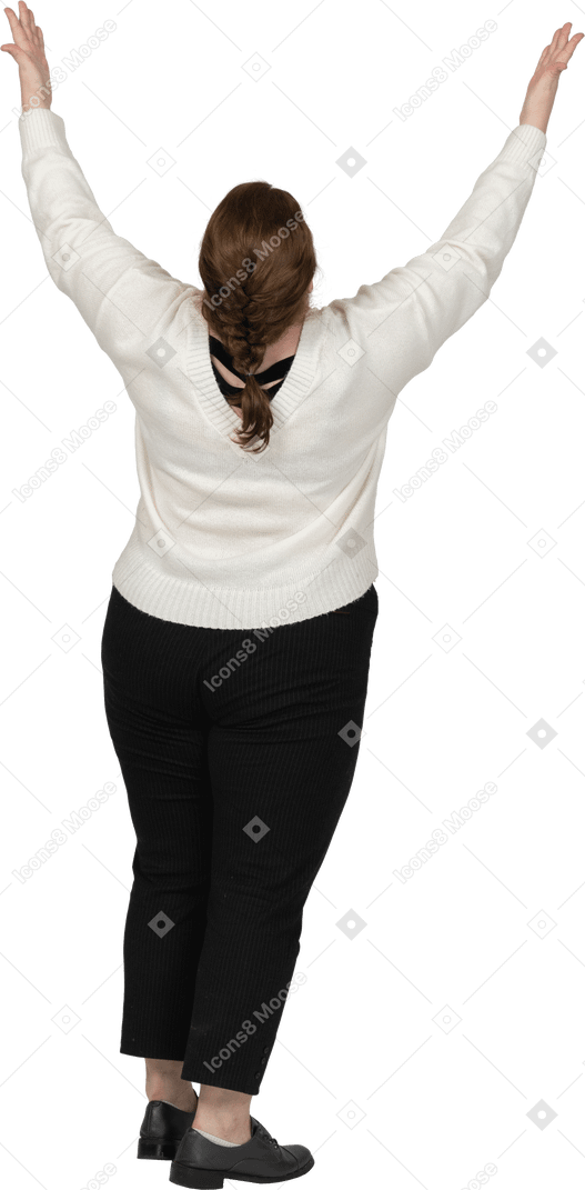Rear view of a plus size woman in casual clothes with raised arms