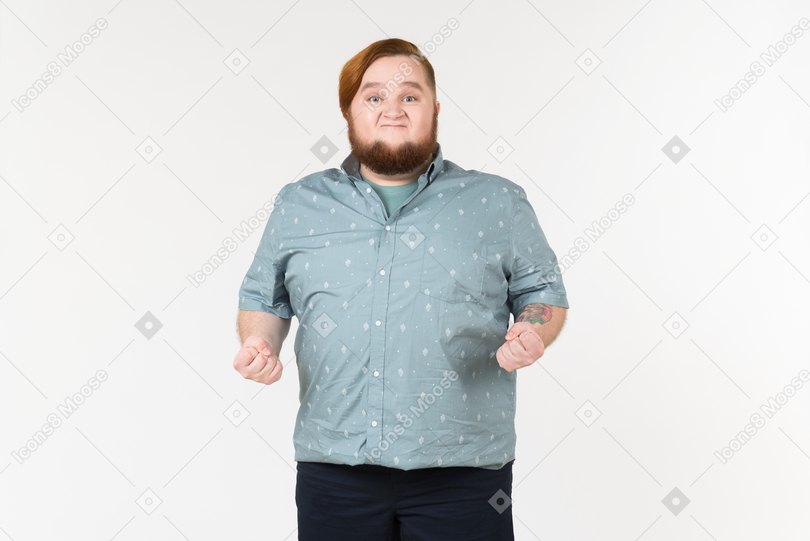 A fat man with his fists clenched simmering with anger