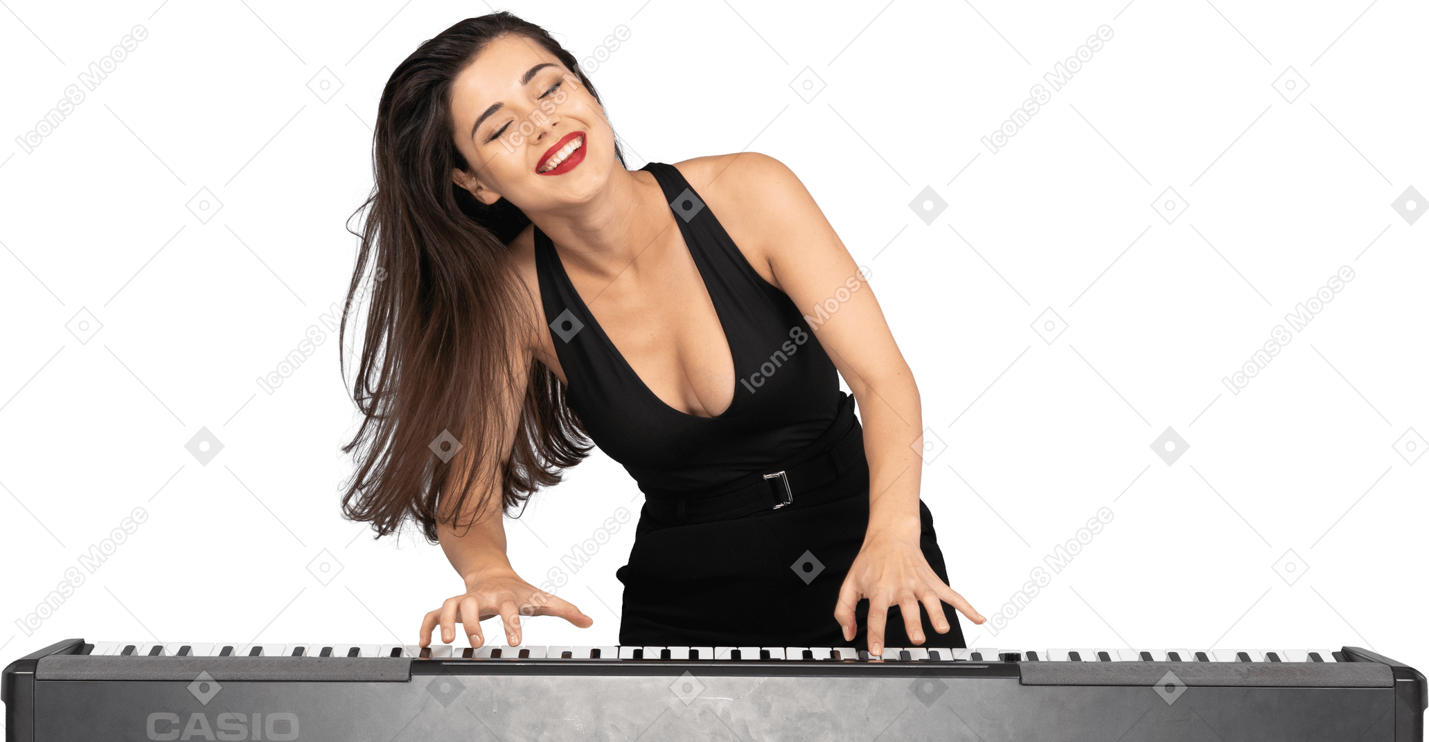 Front view of a pleased young lady in black dress playing the piano while smiling