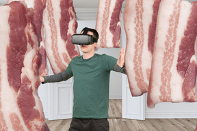 Vr 고글에서 베이컨을 보는 남자