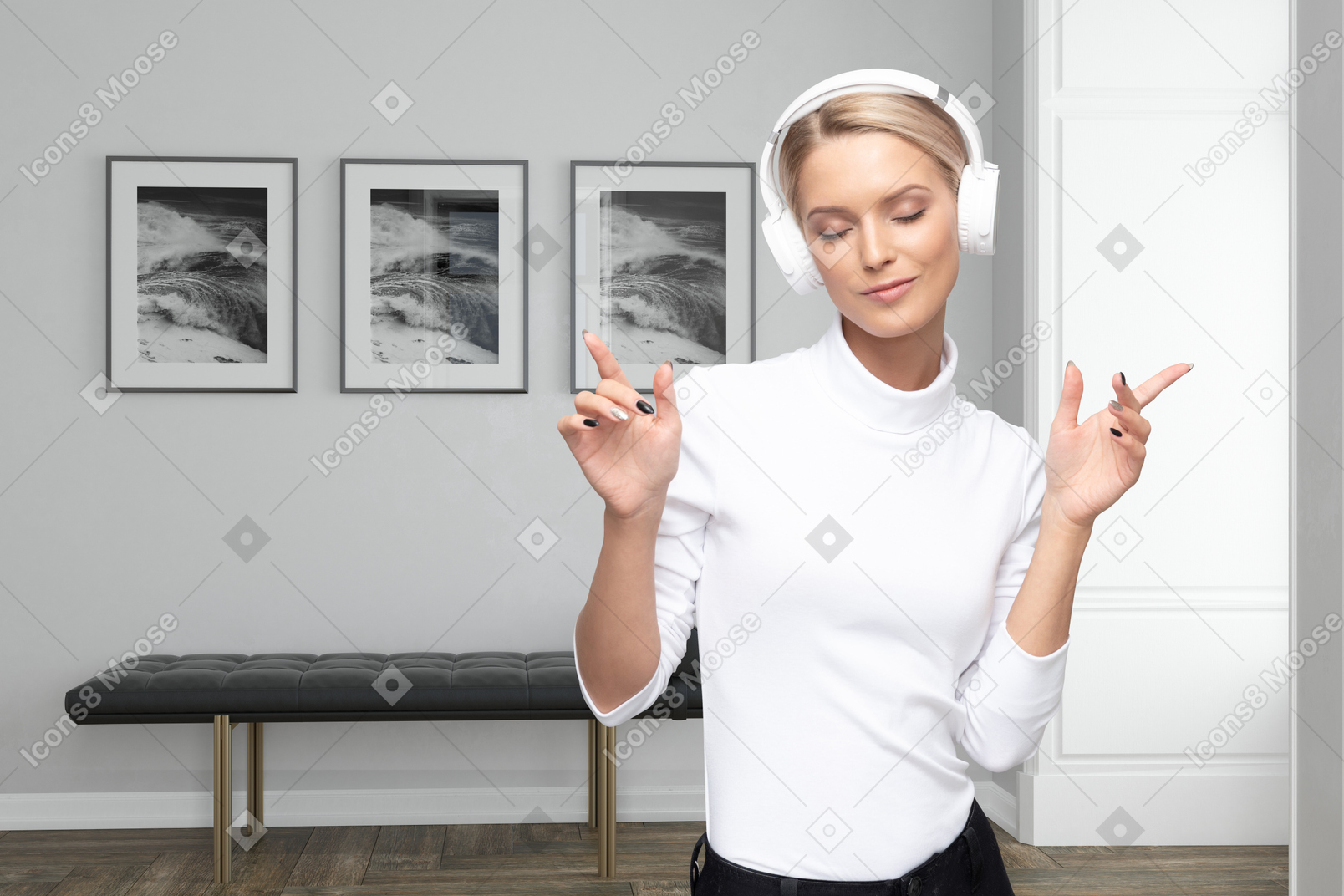 A woman wearing headphones and dancing to music