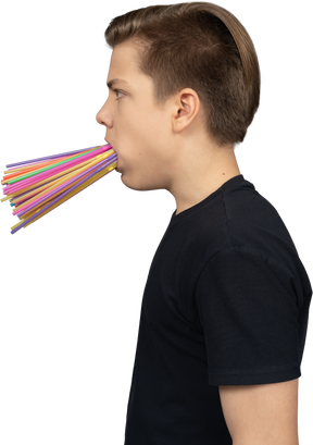 Side portrait of man with his mouth full of plastic straws